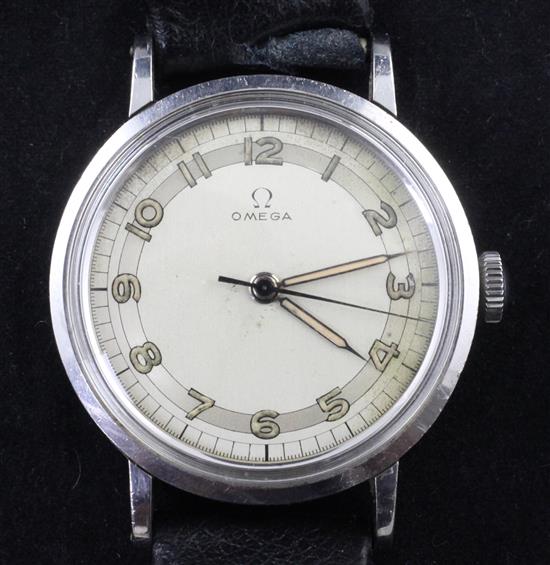 A gentlemans rare 1940s stainless steel Omega manual wind wrist watch,